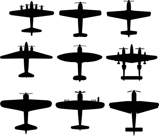 Retro WWII Airplane Silhouettes Vector silhouettes on nine WWII airplanes. mustang stock illustrations
