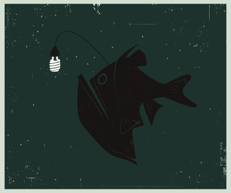 Retro-style illustration of Anglerfish with Compact Fluorescent Lightbulb