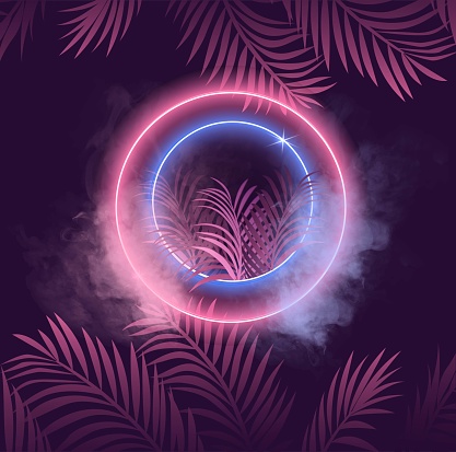 Retrowave or vaporwave aesthetic vintage 80's gradient colored circle with palm trees on background. Silhouettes on circle shapes. Flat cartoon vector illustration