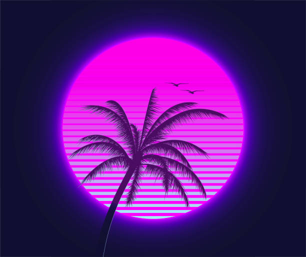 Retrowave sunset with palm silhouette and flying birds in the foreground. Summer time themed synthwave styled vector illustration. Retrowave sunset with palm silhouette and flying birds in the foreground. Summer time themed synthwave styled vector eps 10 illustration. vaporwave stock illustrations