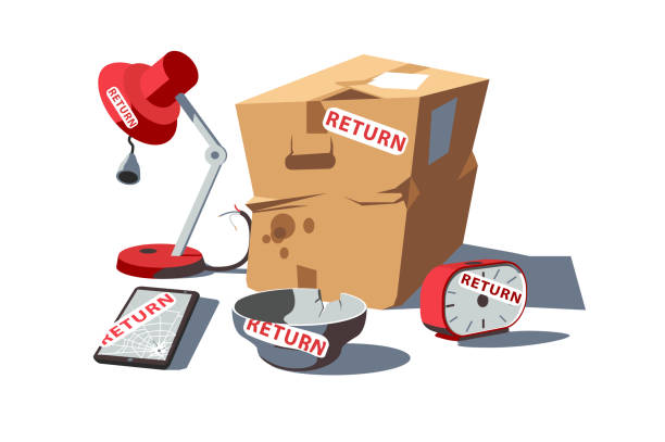 Return of damaged goods Return of damaged goods vector illustration. Broken table-lamp, smartphone, plate, clock and cardboard packaging flat style design. Repair and exchange service concept damaged stock illustrations