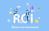 ROI, Return On Investment. Concept with keywords, letters and icons. Colored flat vector illustration on blue background.