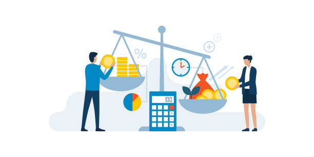 Return on investment concept Business people comparing investments and returns on a weight scale, finance and profit concept balance stock illustrations