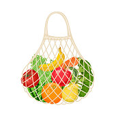 Reusable mesh eco bag with fresh food. Fruits and vegetables in grocery cotton bag isolated on white background. Zero waste, plastic free concept. Vector illustration in cartoon flat style.