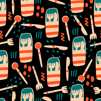 Reusable wooden cutlery seamless pattern. Eco style.