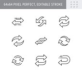 Reverse line icons. Vector illustration included icon as swap, flip, currency exchange, switch, repeat replace outline pictogram of two circle arrows. 64x64 Pixel Perfect Editable Stroke.