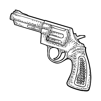 Revolver with short barrel and bullets. Vector engraving vintage illustrations.