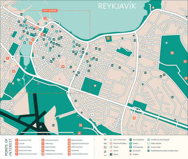 Reykjavik tourist map A city center map of the Iceland capital Reykjavik with tourist attractions, hotels, parking and more. Layered and clearly marked. EPS10 vector illustration, global colors, easy to modify. airport drawings stock illustrations