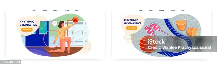 istock Rhythmic gymnastics landing page design, website banner vector template set. Girl gymnast performing with ball. 1306305873