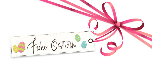 ribbon bow with greetings Happy Easter EPS 10 vector illustration of pink colored ribbon bow and gift band isolated on white background with hang tag and greetings for Easter (german text) easter sunday stock illustrations