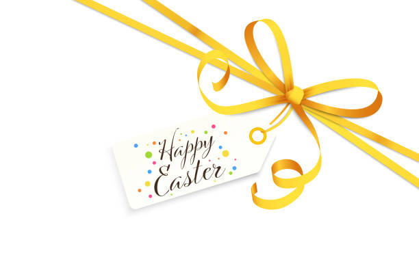 ribbon bow with greetings Happy Easter EPS 10 vector illustration of yellow colored ribbon bow and gift band isolated on white background with hang tag and greetings ' Happy Easter ' easter sunday stock illustrations