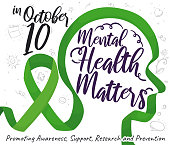 Long green ribbon forming a side view head shape, cute doodles and some precepts, promoting that mental health matters during its World Day on October 10.