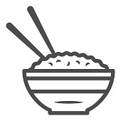 istock Rice bowl and chopsticks line icon, chinese or japanese cuisine concept, plate of food sign on white background, meal and chopstick icon in outline style for web design. Vector graphics. 1285017959