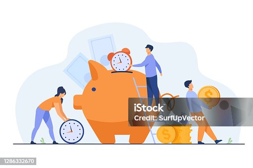 istock Rich people keeping cash and clocks in piggy bank 1286332670