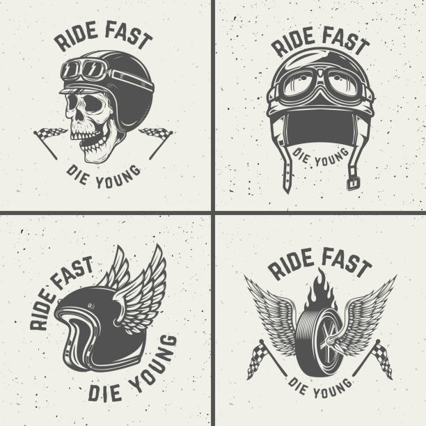 illustrations, cliparts, dessins animés et icônes de rouler vite mourir jeune. casques de coureur, roue avec des ailes. - casque moto