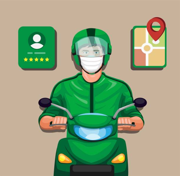 Rider motorbike taxi online with profile rating and gps symbol set cartoon illustration vector Rider motorbike taxi online with profile rating and gps symbol set cartoon illustration vector food delivery rating stock illustrations