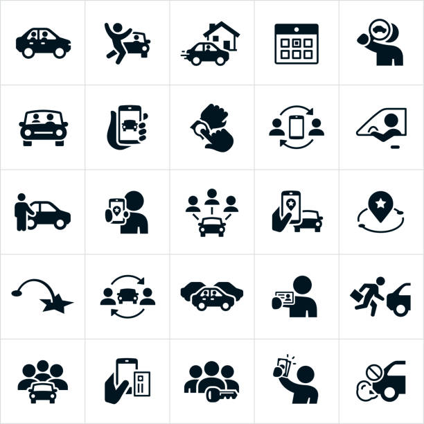 A set of ride sharing and carpooling icons. The icons include drivers, riders, carpooling, a driver pulling up to a house, calendar, search for a ride, a car with passenger, using a smartphone to find a ride, a driver standing in front of car, a destination marker, map, traffic, a driver holding a drivers license, multiple people in a car, paying for a ride-share via a smartphone, a driver holding cash and the elimination of CO2 emissions achieved by using a ride-share service.
