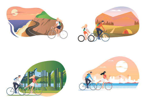 stockillustraties, clipart, cartoons en iconen met paardrijden fietsen illustratie set - fietsen strand