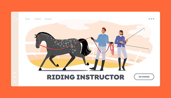 Riding Instructor Landing Page Template. Equestrian Sport Club, Horse Trainers Characters Wearing Uniform Holding Whip