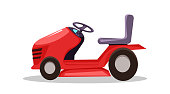 Riding lawn mower flat vector illustration. Grass trimming service, lawn care business symbol. Portable lawnmower side view. Professional landscaping equipment, machinery isolated on white background