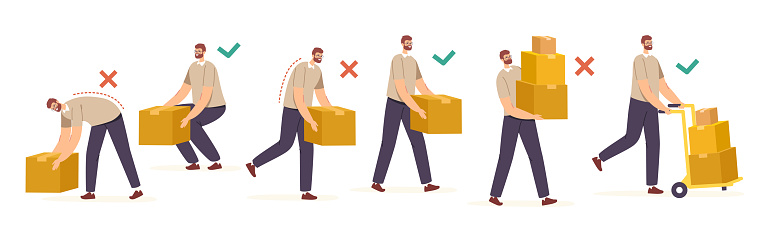 Right and Wrong Manual Handling and Lifting of Heavy Goods. Male Characters Carry Carton Boxes Correctly and Improperly