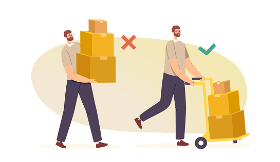 Right and Wrong Manual Handling of Heavy Goods. Male Characters Carry Carton Boxes Correctly and Improperly Way