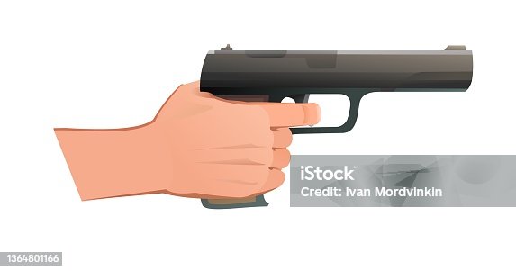 istock Right hand with standard firearm combat pistol. Object isolated on white background. Funny cartoon style. Vector 1364801166