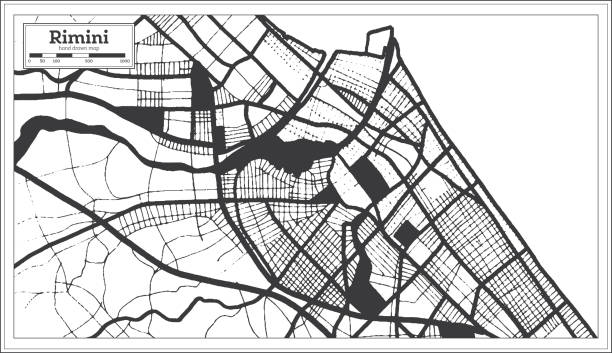 illustrazioni stock, clip art, cartoni animati e icone di tendenza di rimini italia city mappa in bianco e nero in stile retrò. mappa struttura. - rimini