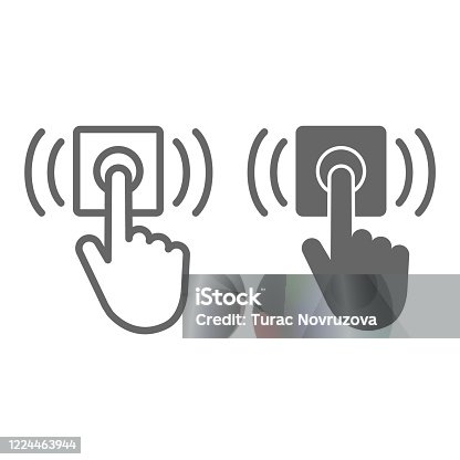 istock Ring door bell line and solid icon, delivery symbol, Hand push bell button vector sign on white background, finger pressing doorbell icon in outline style for mobile and web design. Vector graphics. 1224463944