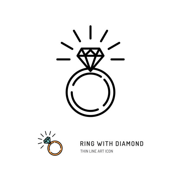 반지와 다이아몬드 아이콘, 약혼 및 결혼 반지. 라인 아트 디자인, 벡터 평면 그림 - 반지 일러스트 stock illustrations