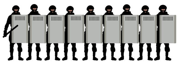 Riot squad crowd with shields. Police special forces with batons. Silhouette vector illustration Riot squad crowd with shields. Police special forces with batons. Silhouette vector illustration militia stock illustrations
