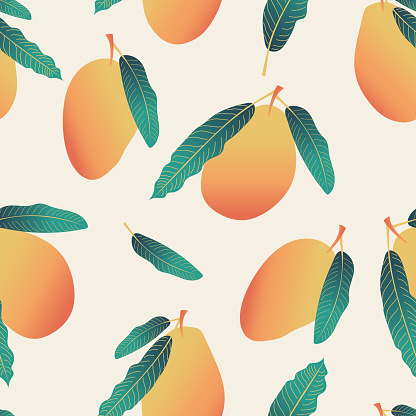Ripe tropical mango with leaves on a light background. Seamless patterns with exotic fruits. A beautiful print for modern fabrics, trendy textiles, throw pillows, bed linen. Vector.