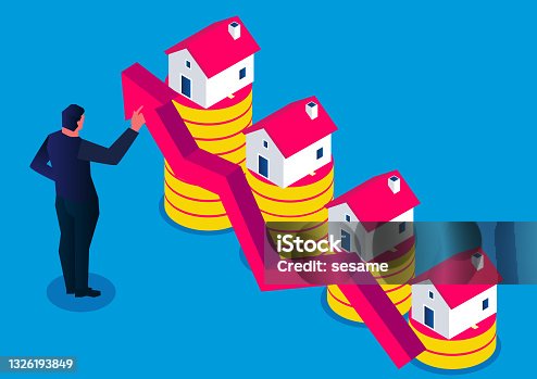 istock Rising house prices, houses on piles of gold coins at different heights, real estate industry 1326193849