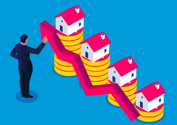 Rising house prices, houses on piles of gold coins at different heights, real estate industry vector art illustration