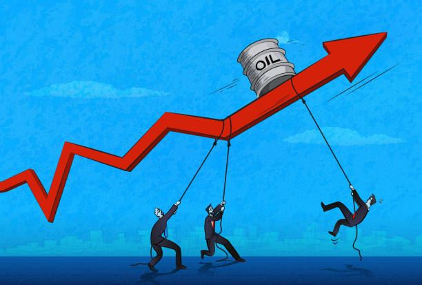 Rising Oil Prices Men trying to reach the oil barrel that rises up on the arrow. (Used clipping mask) oil finance market stock illustrations