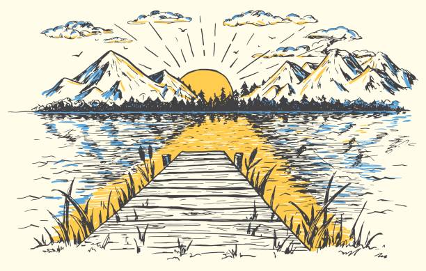 Rising sun on the lake landscape illustration Rising sun on the lake, landscape with a bridge. Hand-drawn vintage illustration. Sketch in retro style mountain drawings stock illustrations