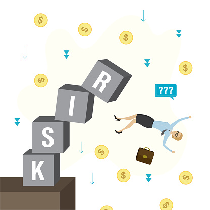 Risk management concept banner. Sad businesswoman falls from unbalanced pyramid of cubes with text - RISK. Financial management, disbalance of income and risks. Bankruptcy. Flat vector illustration