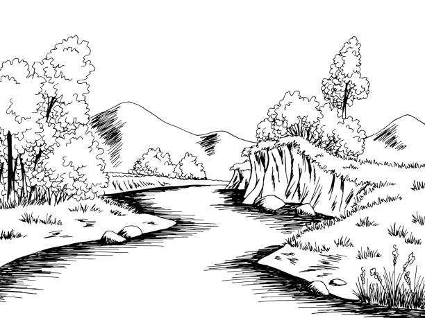 River graphic black white landscape sketch illustration vector River graphic black white landscape sketch illustration vector river drawings stock illustrations