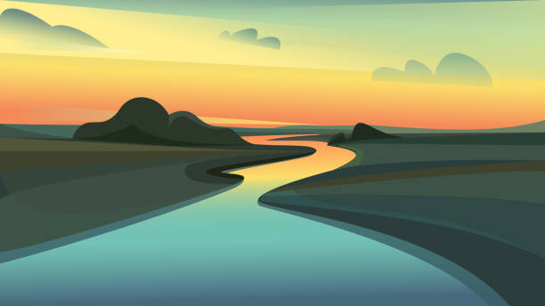 bildbanksillustrationer, clip art samt tecknat material och ikoner med flodlandskap i solnedgången. - flod