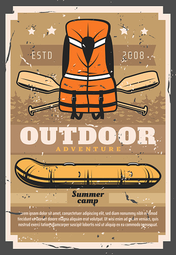 Rafting outdoor sport and recreational activity retro poster. Vector river extreme raft club summer camp, inflatable rafting boat, safety vest and paddles