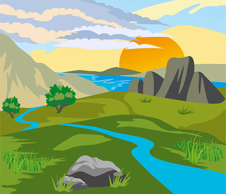 River Valley At Sunset Stock Illustration - Download Image Now - iStock