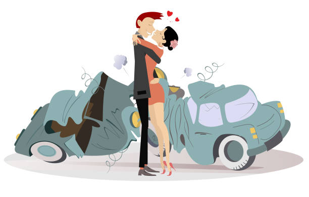 Road accident and kissing love couples illustration vector art illustration