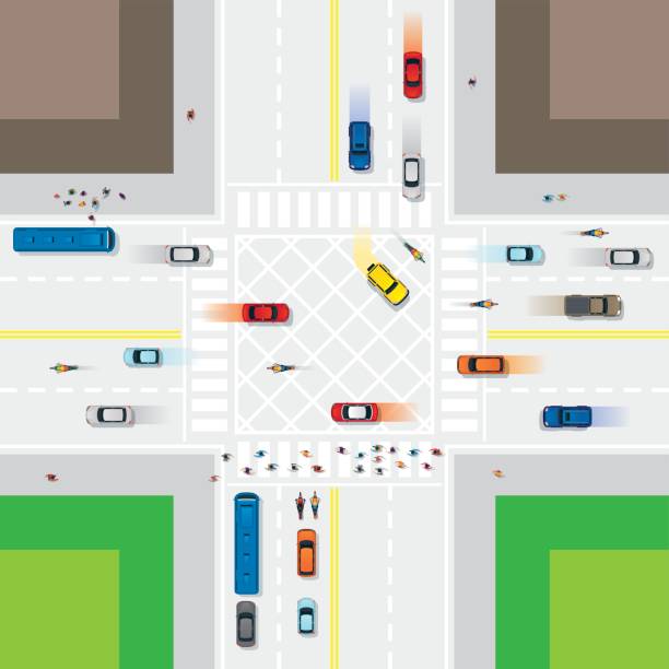 ilustrações de stock, clip art, desenhos animados e ícones de road and junction with people and vehicles - trilhos pedestres