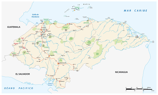 Road and National Park Map of the Central American State of Honduras