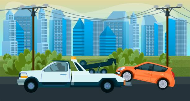 Road assistance service evacuator car help. vector illustration Tow truck when a car breaks down. Tow goes on the road to the challenge. Background for websites, banners and posters. tow truck police stock illustrations
