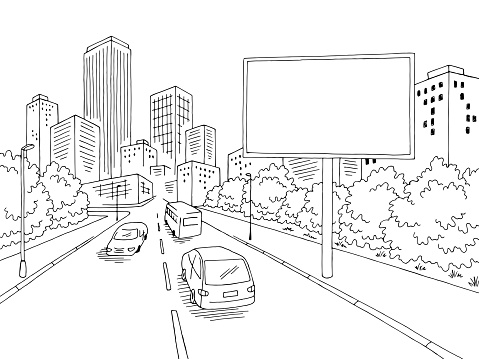 Road billboard graphic black white city street landscape sketch illustration vector