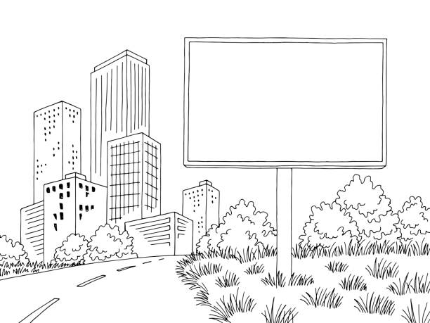 дорожный рекламный щит графический черный белый город улице пейзаж эскиз иллюстрации вектор - billboard mockup stock illustrations