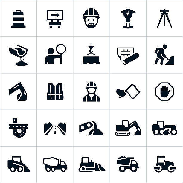Road Construction Icons A set of icons representing the road construction industry. The icons include heavy machinery used to build roadways, the workers and engineers who design and construct them, as well as other symbols related to the industry of roadway construction. road symbols stock illustrations