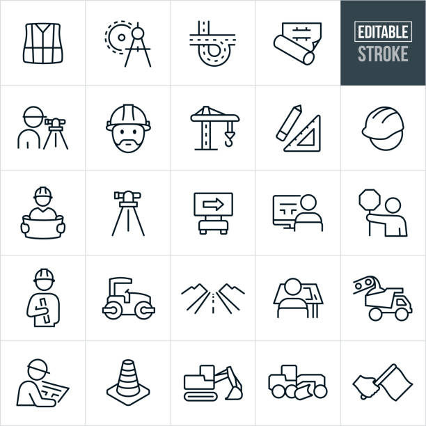 Road Construction Line Icons - Editable Stroke A set of construction icons that include editable strokes or outlines using the EPS vector file. The icons include construction workers, engineers, safety vest, drawing compass, road, highway, freeway, blueprint, land surveyor, hard hat, construction tools, construction equipment, dump truck, construction cone, excavator and road sign to name a few. road symbols stock illustrations