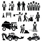 A set of pictogram representing road construction with workers and engineers working as a team. This sets include cone, barriers, truck, bulldozer, road roller, jackhammer, and other road construction equipments.